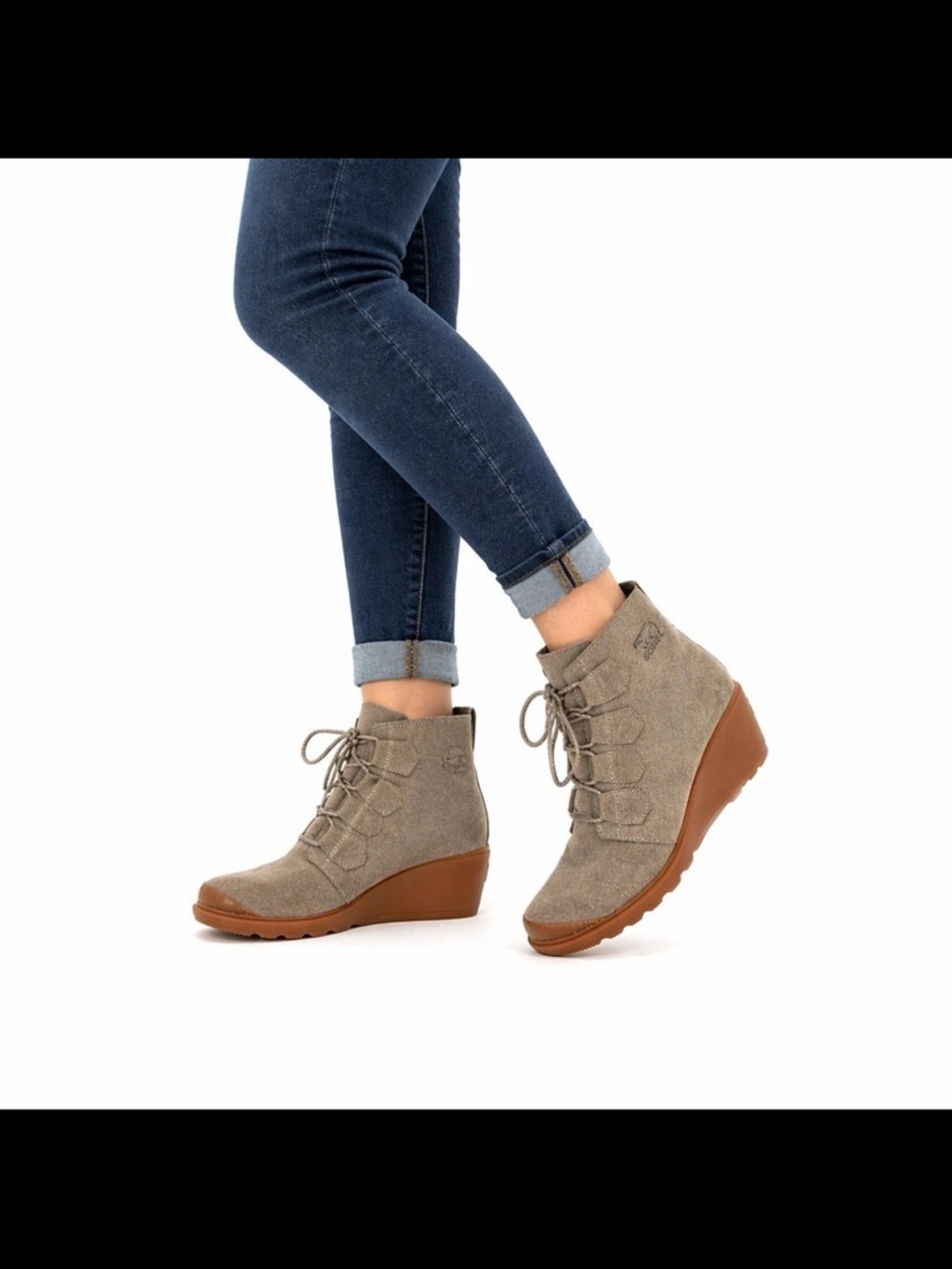 Sorel After Hours Lace Wedge Boots Taupe Suede Womens NL2115